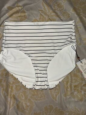 Calia Power Sculpt Mid Rise Striped - White with Black Bikini Bottoms - NWT